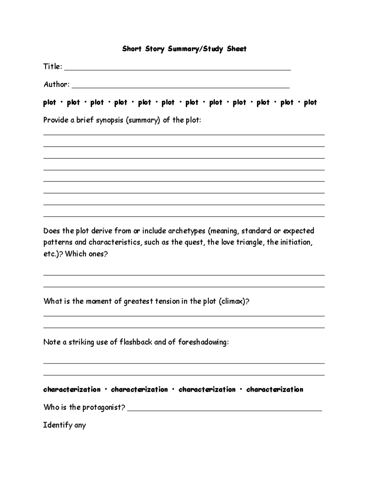 ENG 101: Short Story Summary Study Sheet Template - Studocu