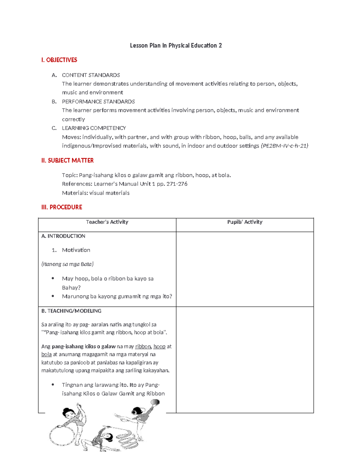 PE2 Lesson Plan: Movement Activities with Ribbon & Hoop Techniques ...
