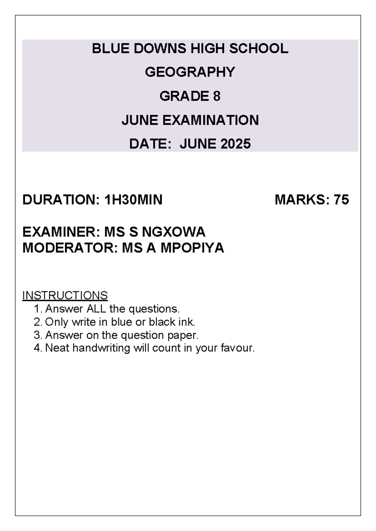 Geo Gr8 Term 2 June Exam Practice Material for Geography - Studocu