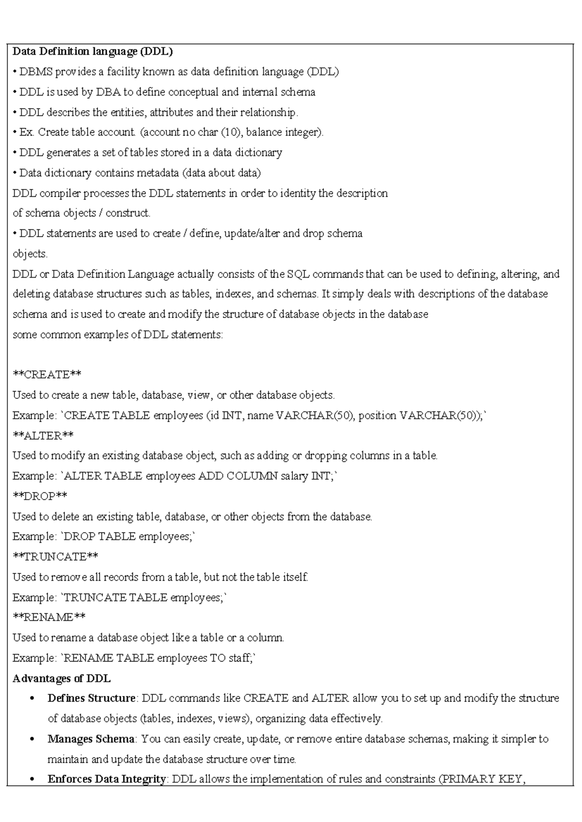 UNIT-III: Data Definition Language (DDL) in DBMS - Studocu