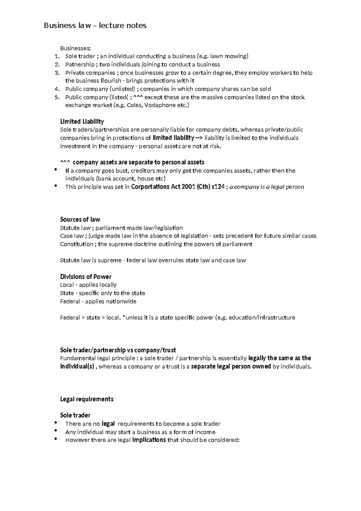 Business Law Lecture Notes: Sole Traders & Partnerships (BL101) - Studocu