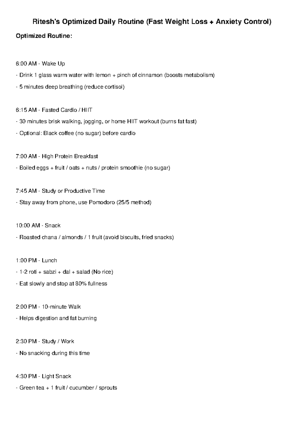 Ritesh's Optimized Daily Routine for Fast Weight Loss - Studocu