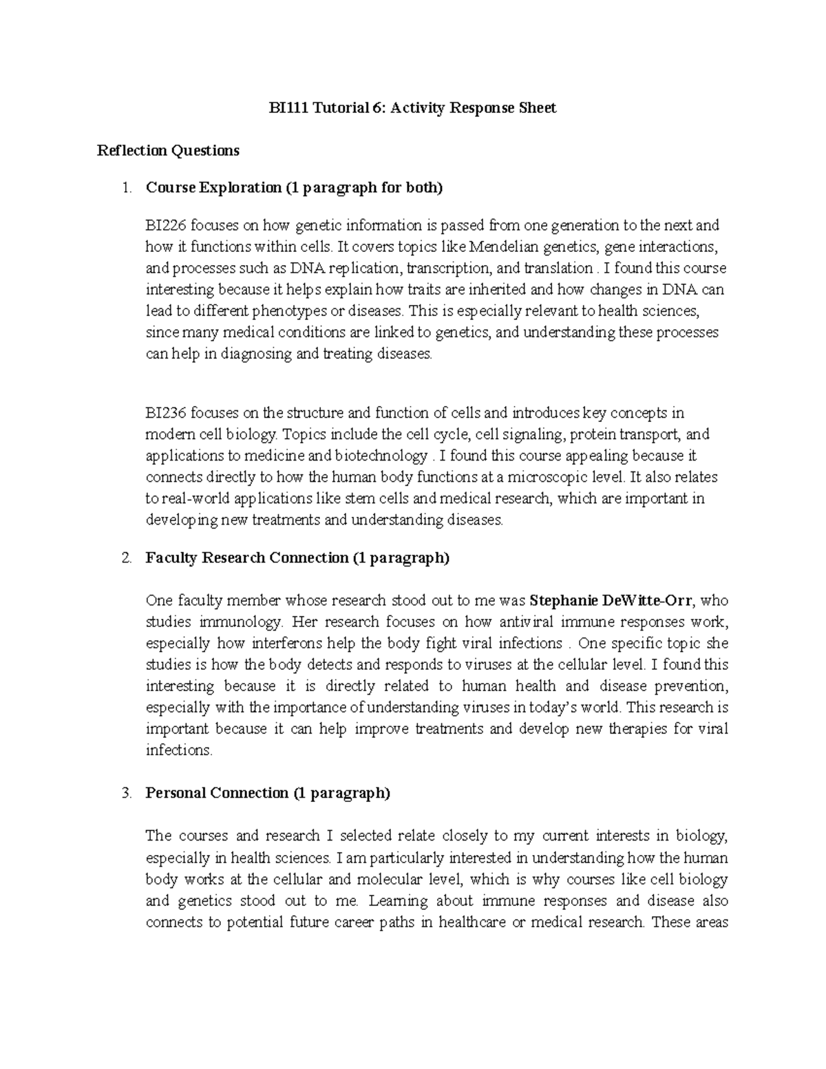 BI111 Tutorial 6: Reflection on Genetics and Cell Biology - Studocu