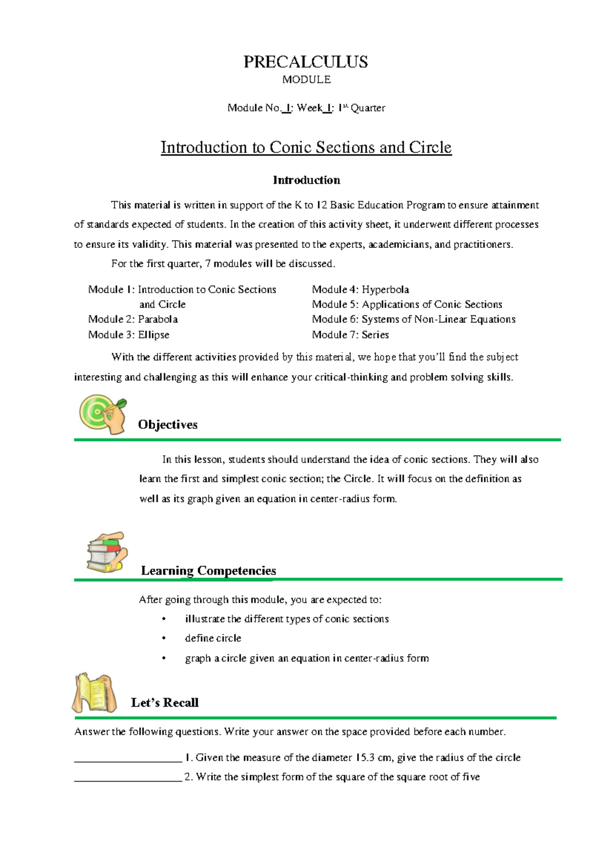 Precal G11 Q1 M1 WK1: Intro to Conic Sections & Circles - Studocu