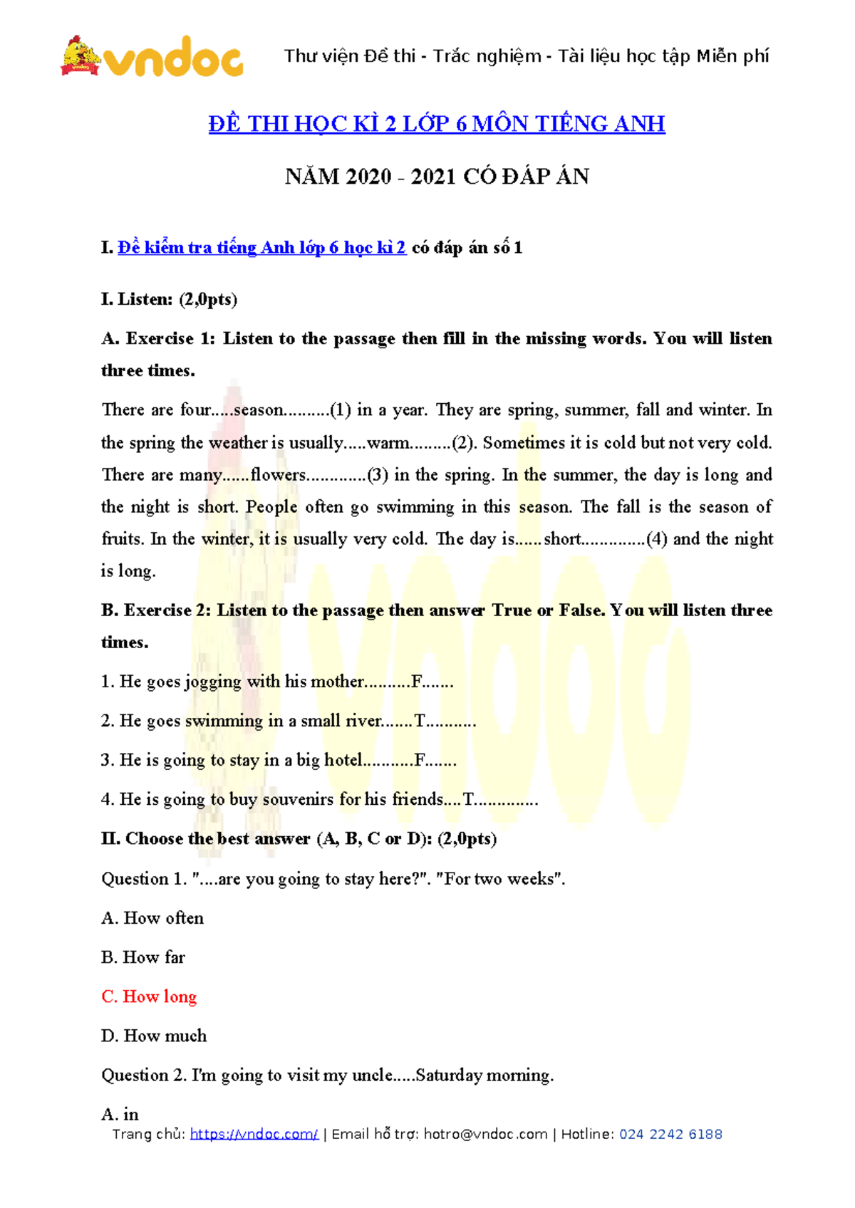 Bo de thi hoc ky 2 mon tieng anh lop 6 co dap an 2 - ĐỀ THI HỌC KÌ 2 ...