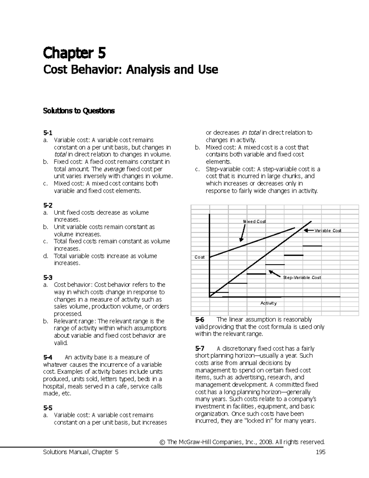 Chapter 05 - Chapter 5 Cost Behavior: Analysis and Use Solutions to ...