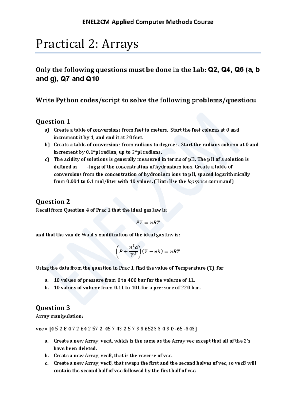 ENEL2CM Applied Computer Methods Lab 2: Practical Exercises on Arrays ...
