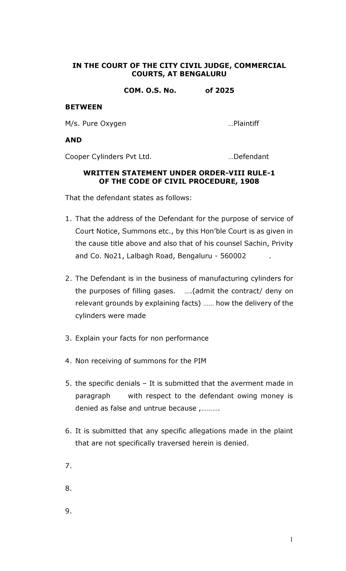 Written Statement Draft - Com. O.S. No. 2025 - Studocu
