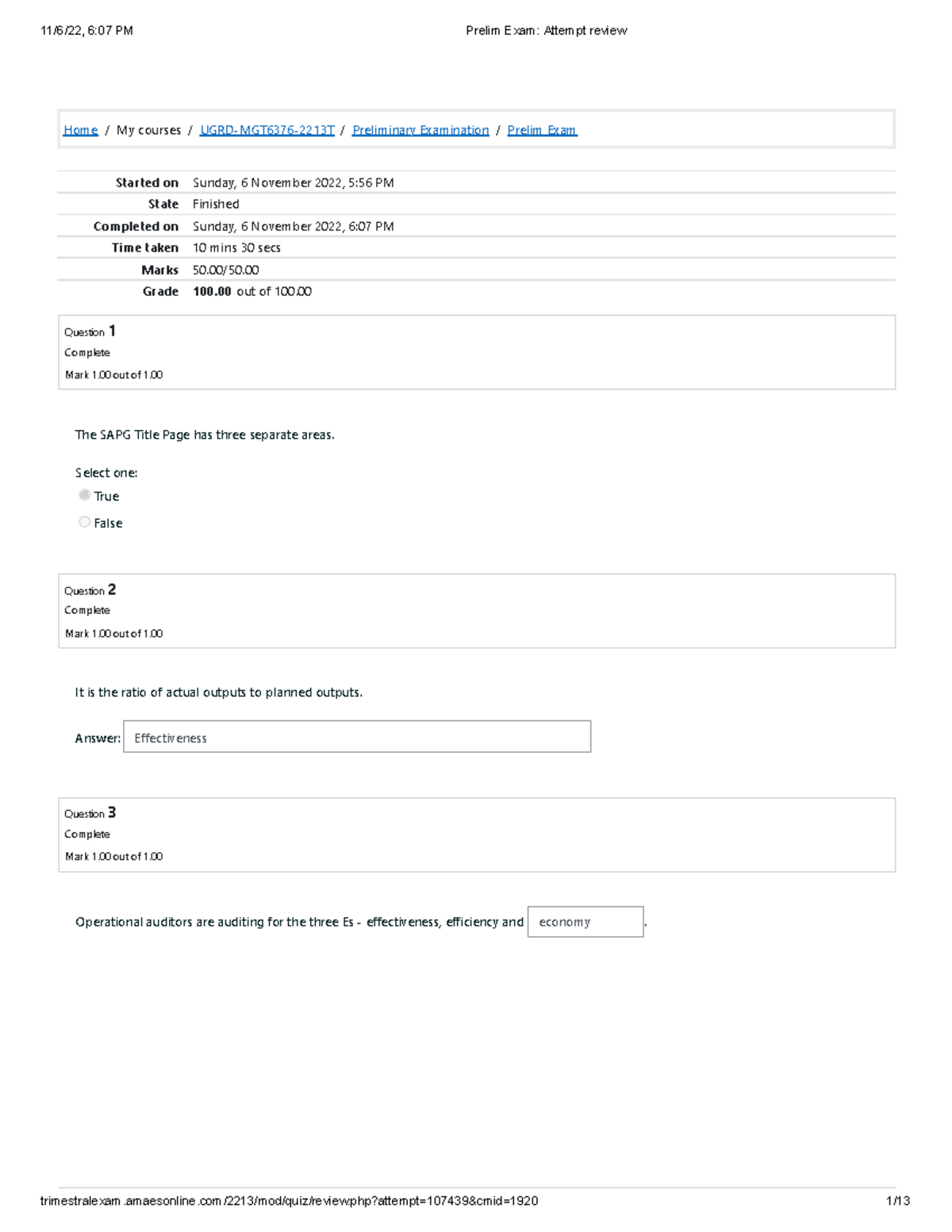 Prelim Exam Review: UGRD MGT6376 Operations Auditing Success - Document Preview