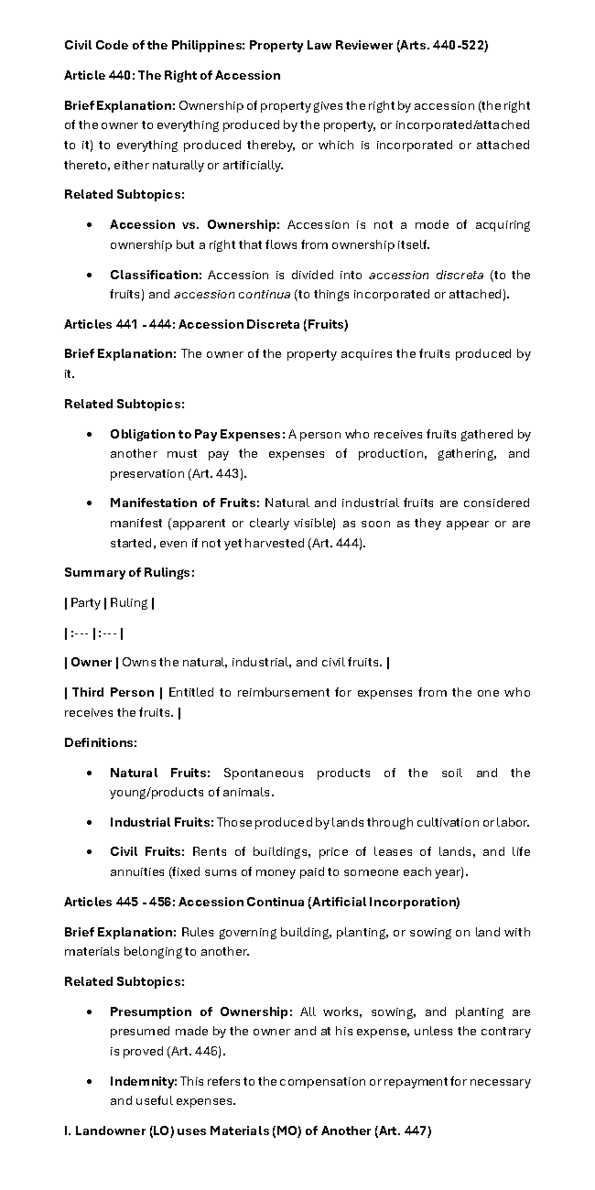 Civil Code of the Philippines: Property Law Reviewer on Accession - Studocu
