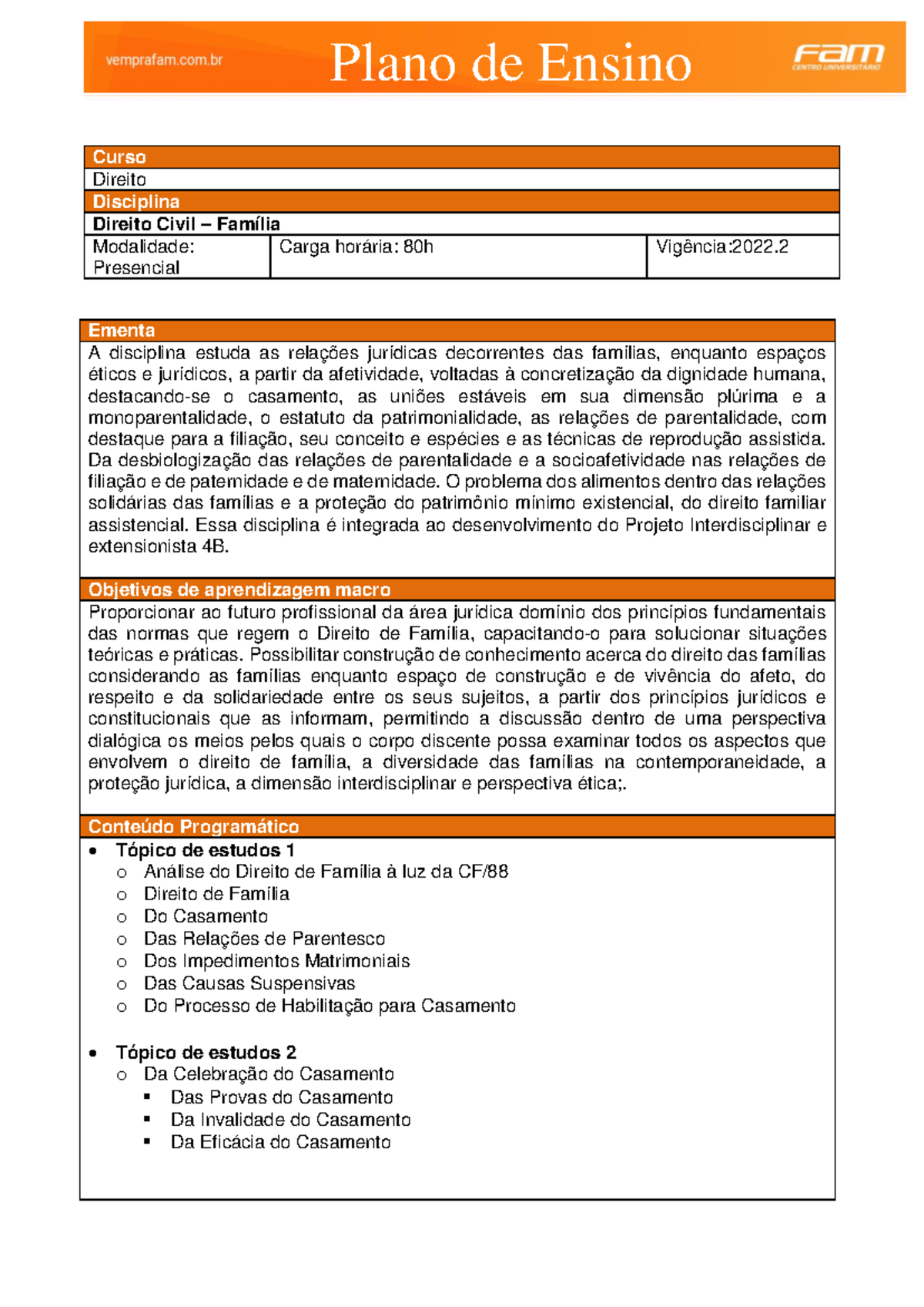 Plano DE Ensino - Direito DE Família - Plano de Ensino e Aprendizagem ...