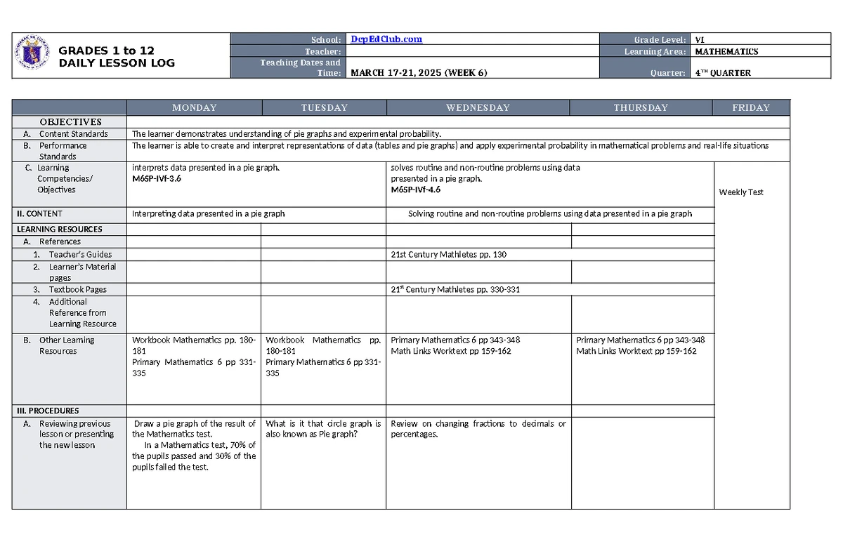 DLL Mathematics 6 Q4 W7 - Daily Lesson Log on Probability and Pie ...