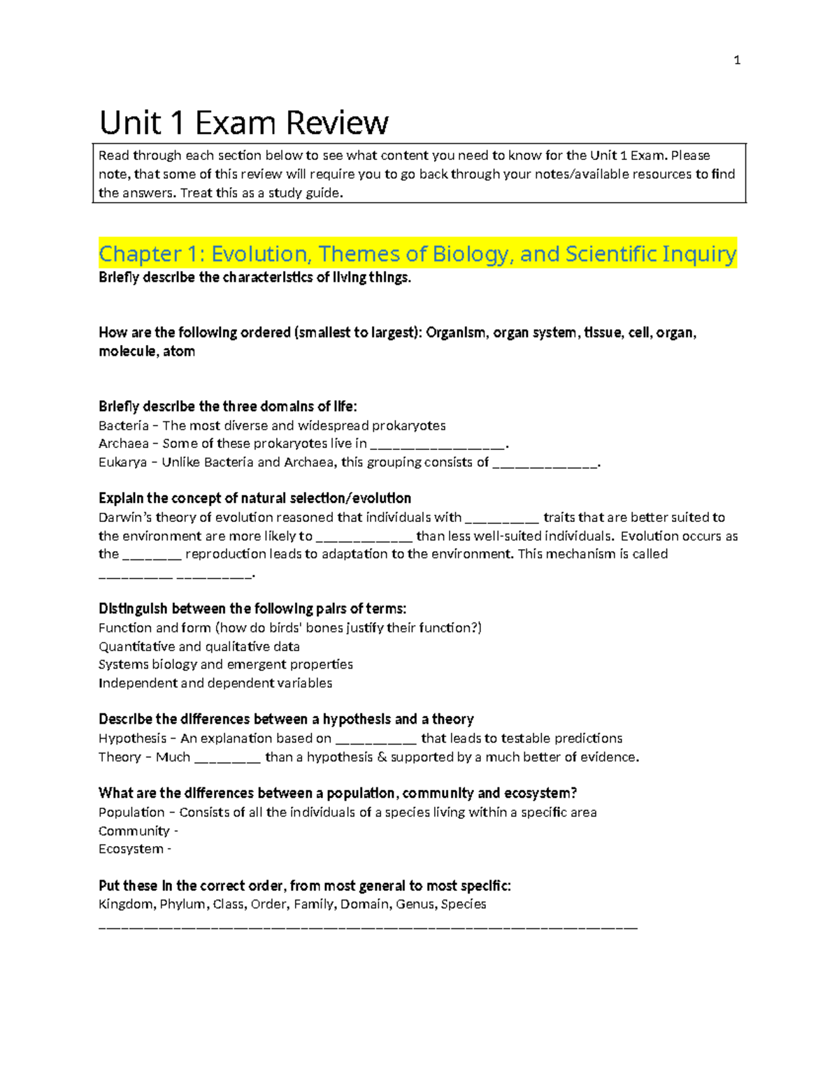 Unit 1 Exam Review Guide - Biology Concepts & Definitions (BIO101 ...