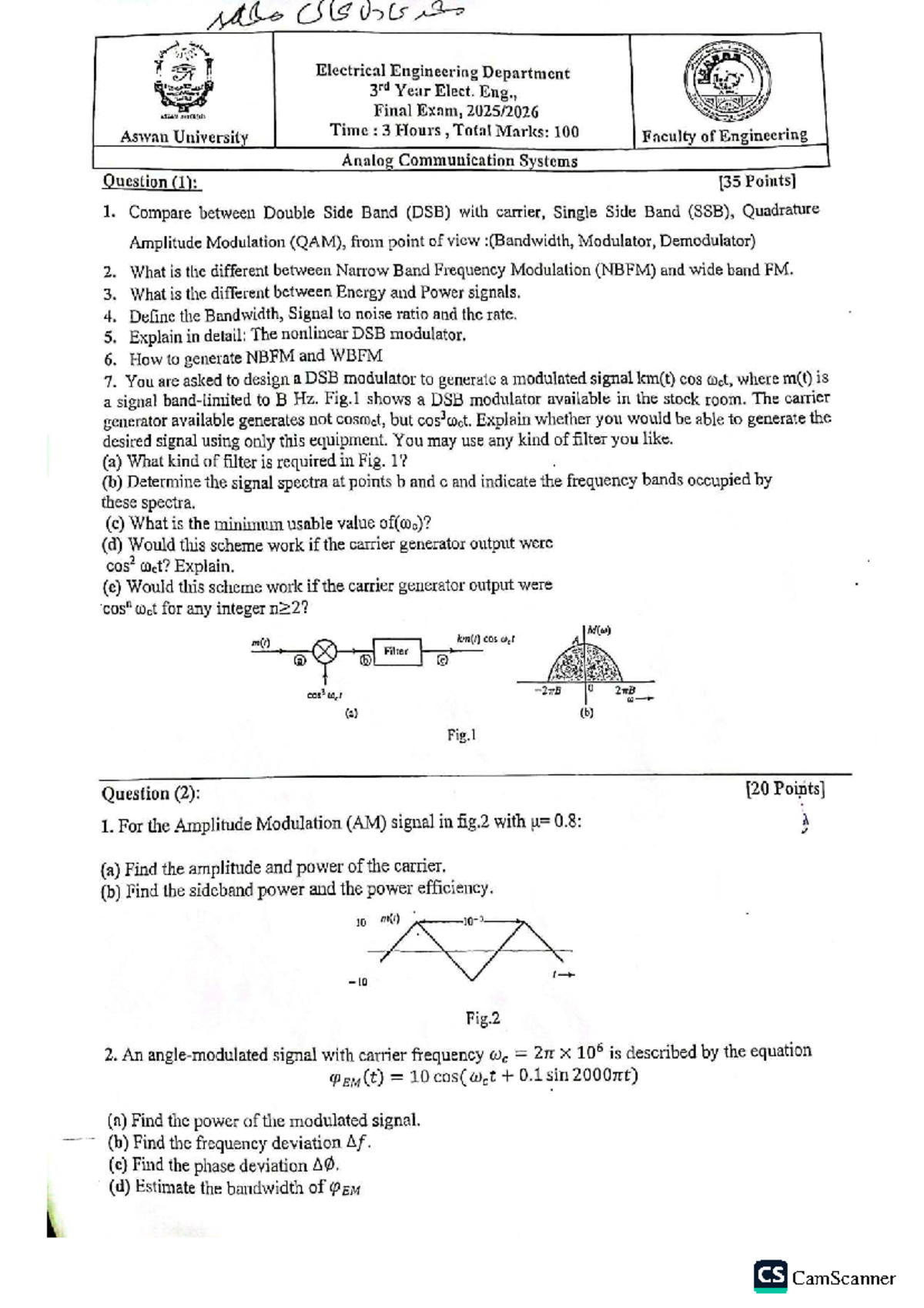 EE 3rd Year Elect. Eng. Final Exam: Analog Communication Systems - Studocu
