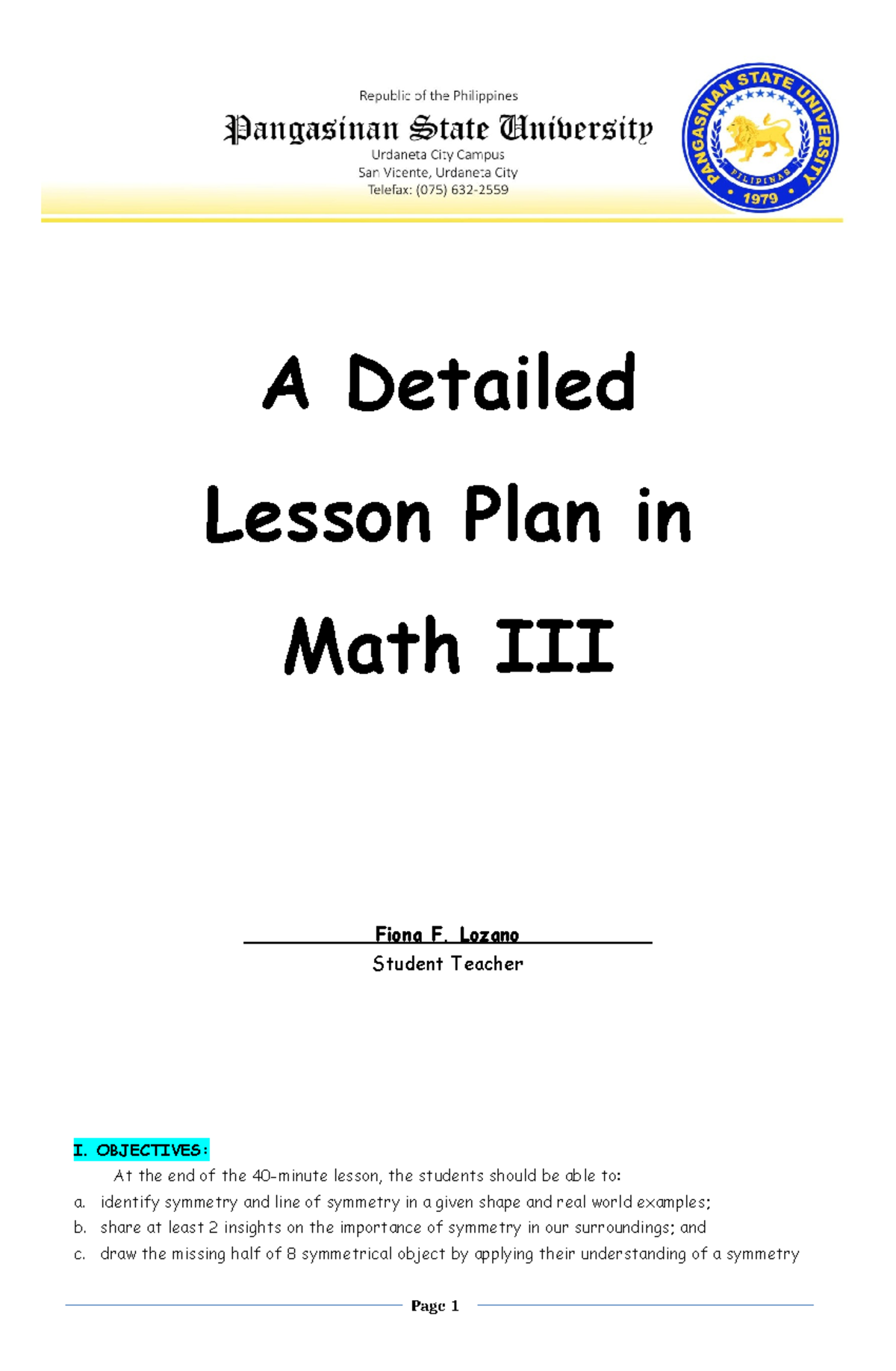 DLP Math Lozano, Fiona F - A Detailed Lesson Plan in Math III Fiona F ...