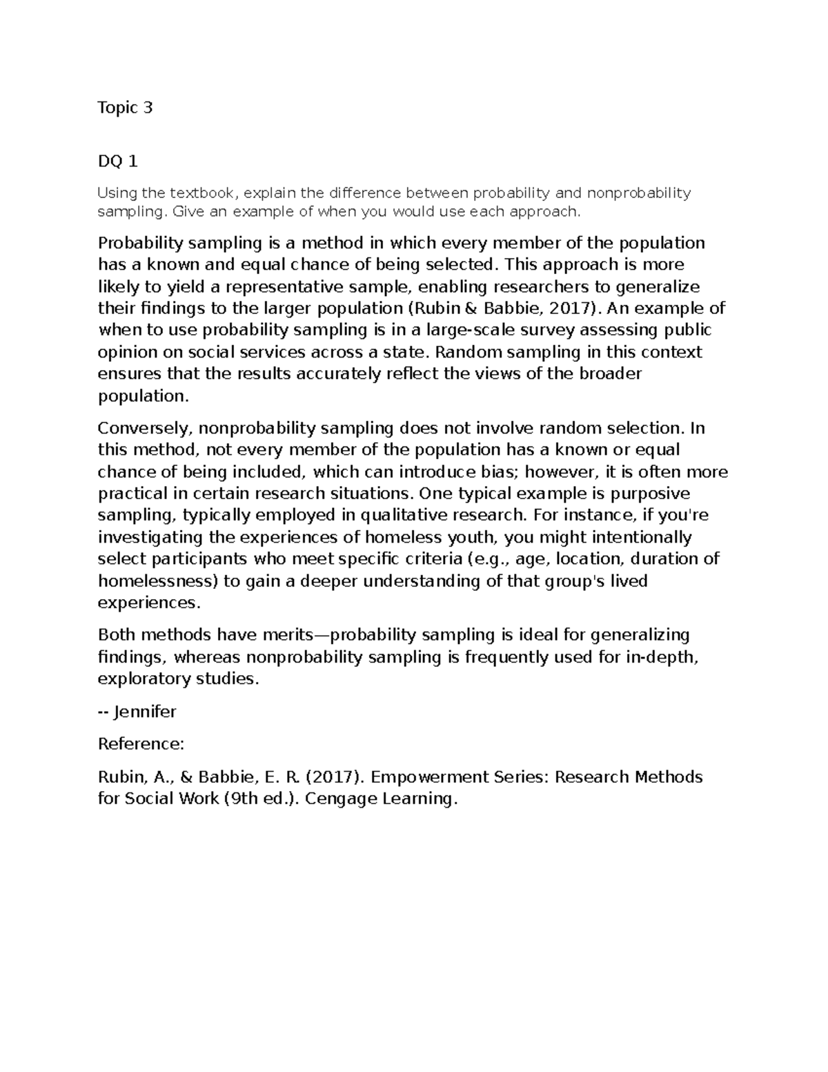 Topic 3 DQ 1 & 2: Probability vs Nonprobability Sampling Explained ...