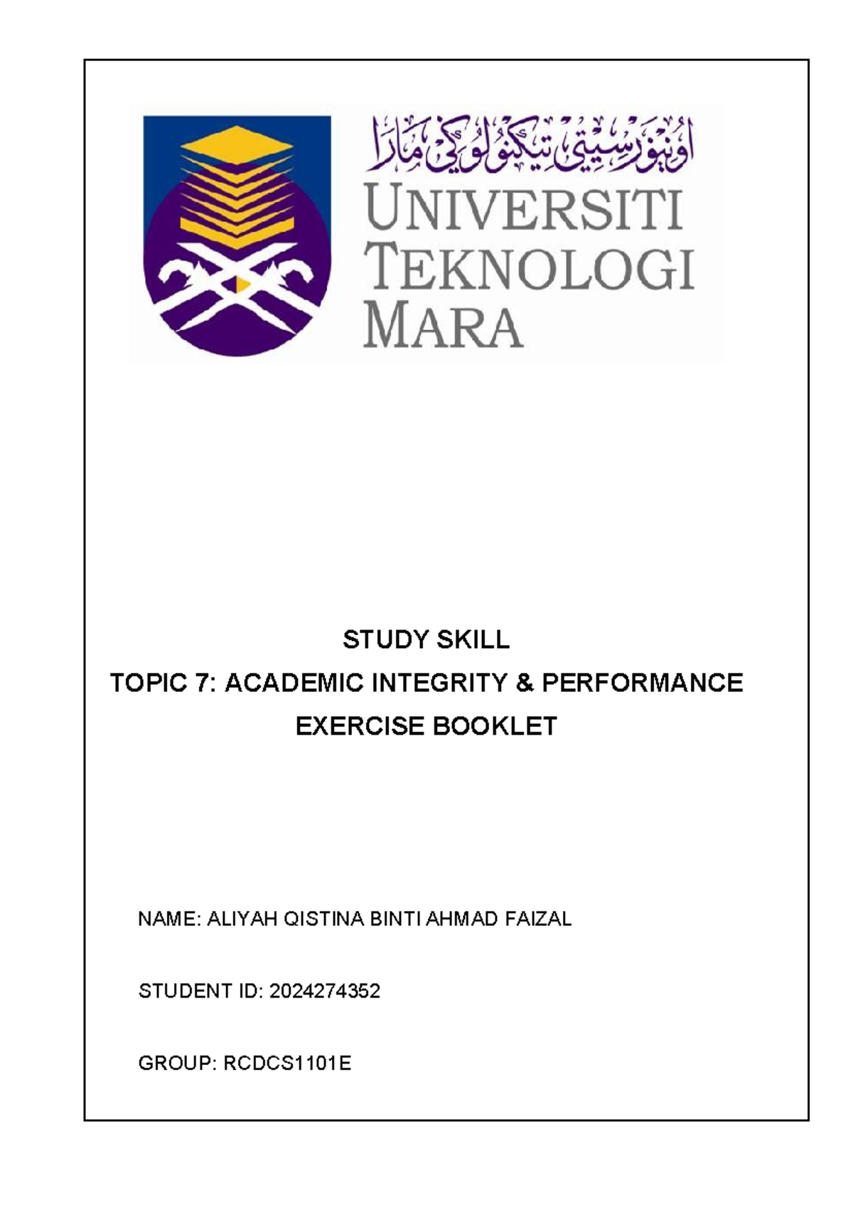 fnjd dhiwfiejfijweif - STUDY SKILL TOPIC 7: ACADEMIC INTEGRITY ...