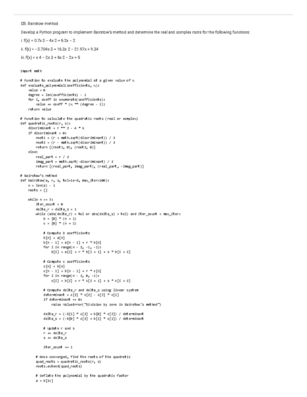ESO208 211185 A2.ipynb - Colab - Q5. Bairstow method Develop a Python ...