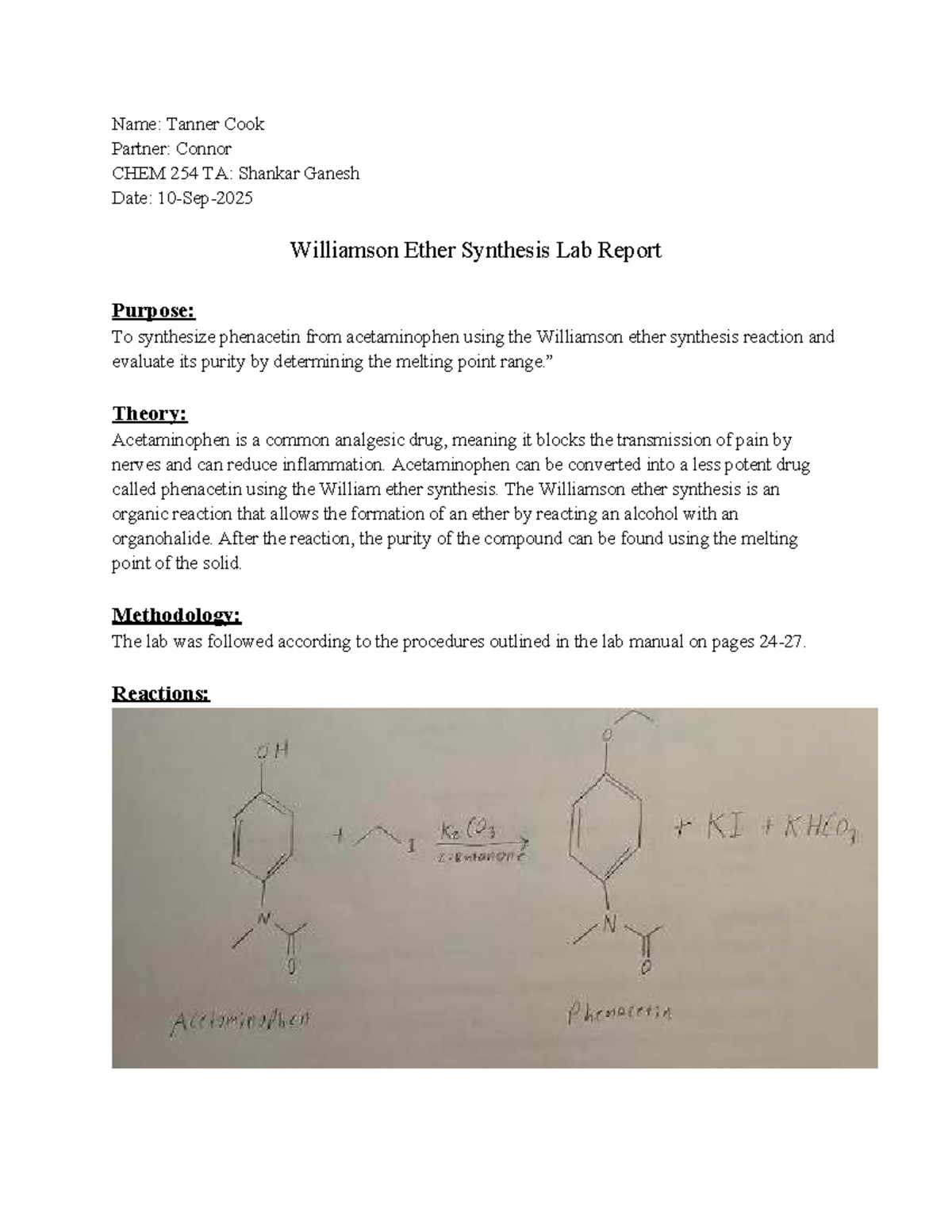 Williamson Ether Synthesis Lab Report - CHEM 254 - Studocu