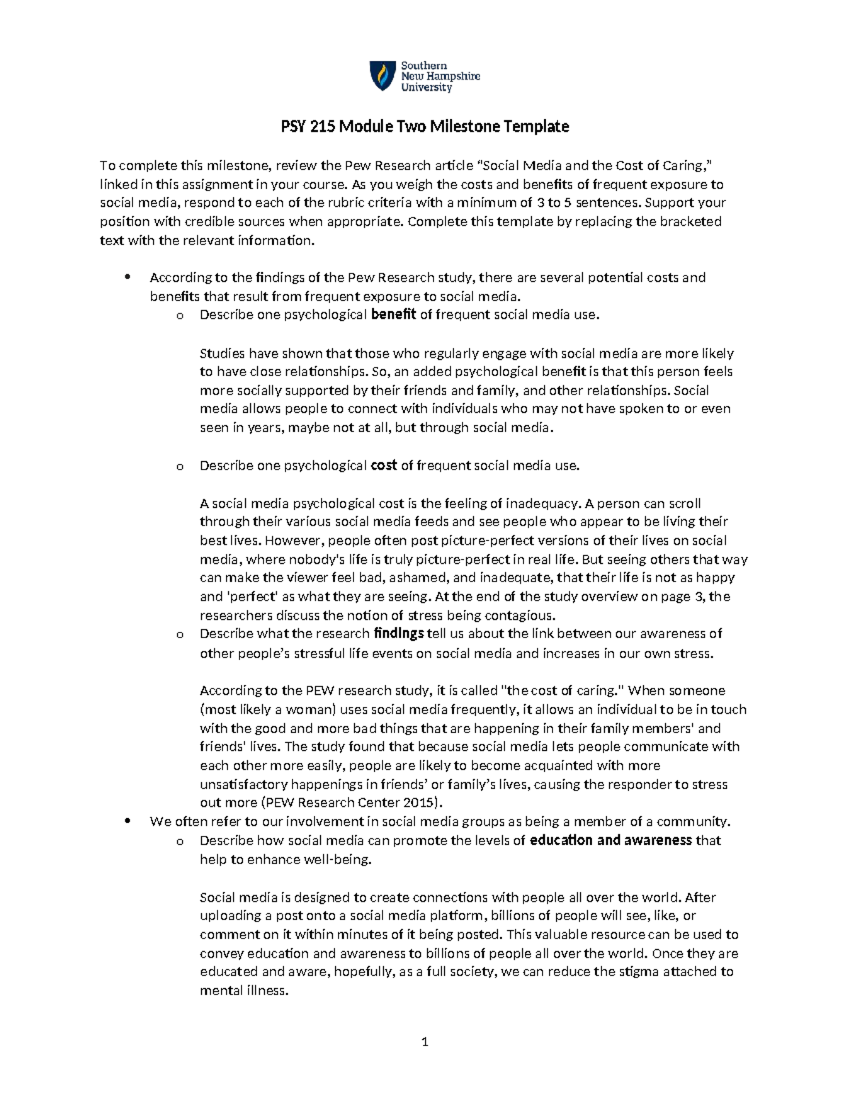 PSY 215 Social Media Impact: Costs and Benefits Analysis Template - Studocu