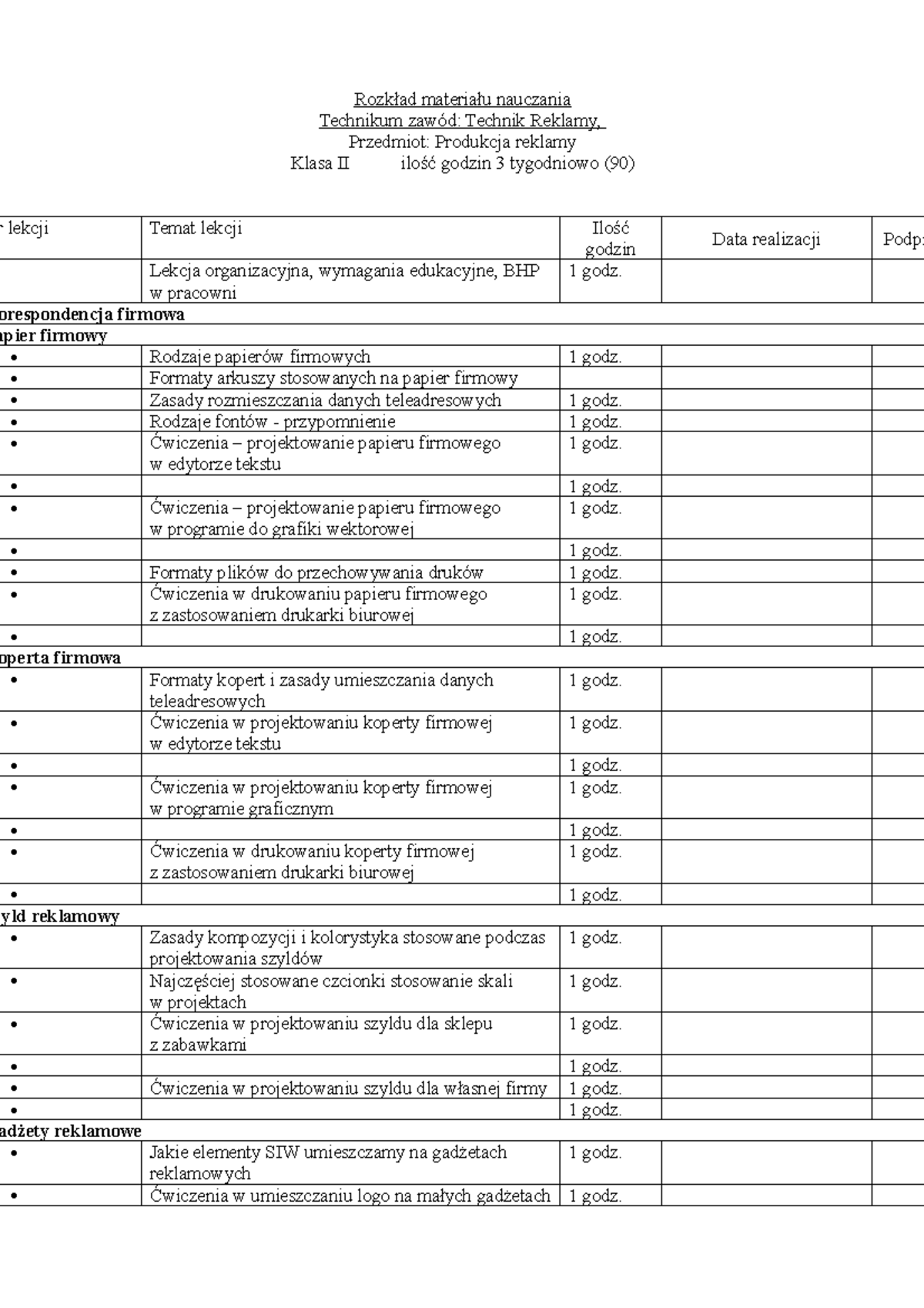 Test - powtórzenie wiadomosci - Rozkład materiału nauczania Technikum