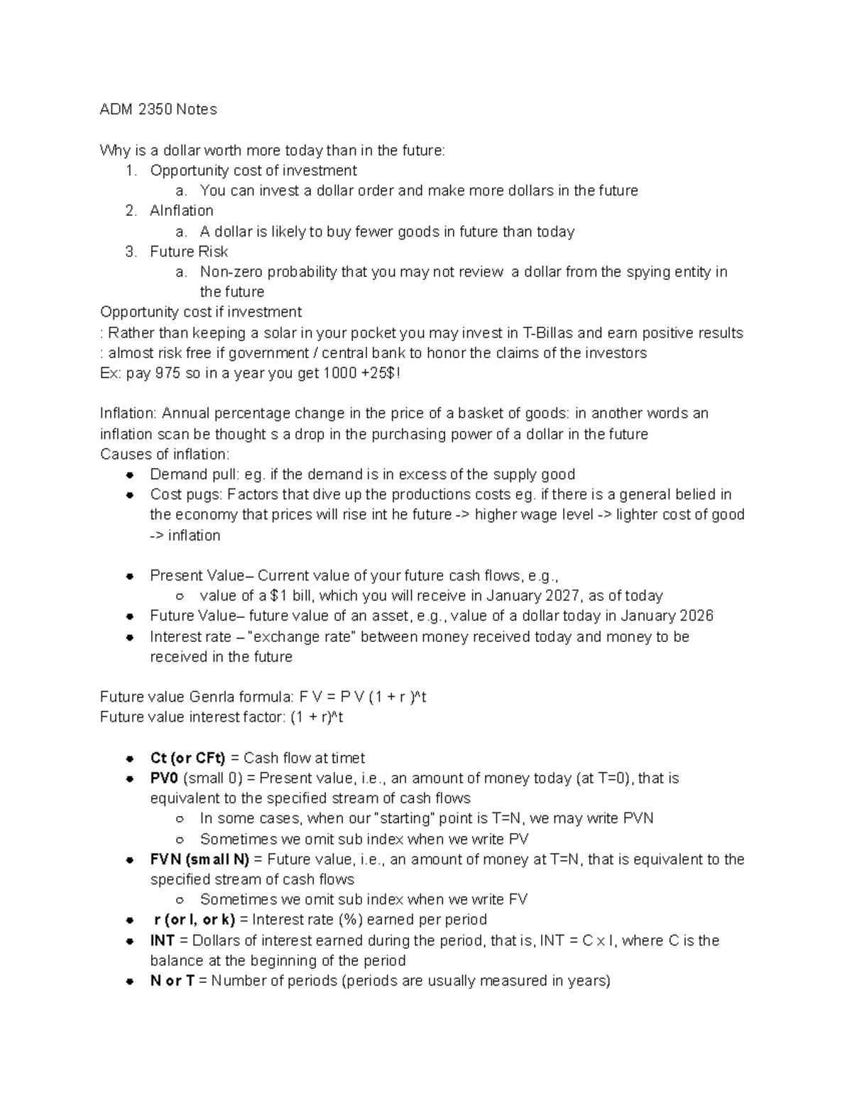 ADM 2350 - Quiz 1 Notes: Understanding Dollar Value & Opportunity Cost ...