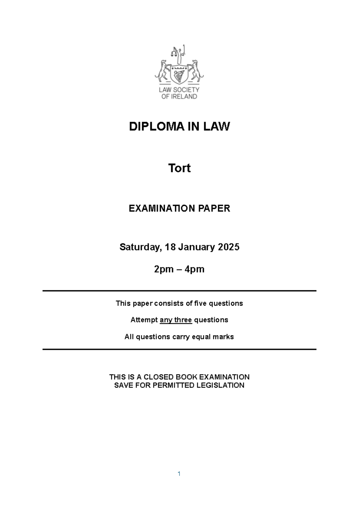 DIPLOMA IN LAW Tort EXAMINATION PAPER - January 2025 - Studocu