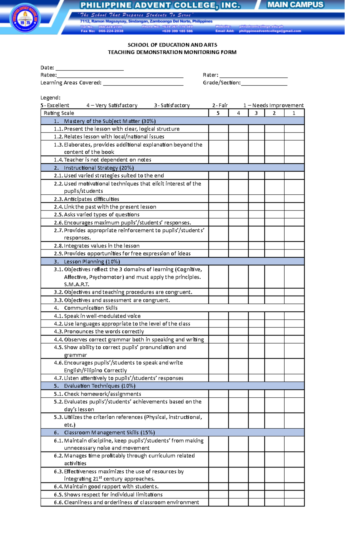 Teaching Demonstration FORM copy - SCHOOL OF EDUCATION AND ARTS ...