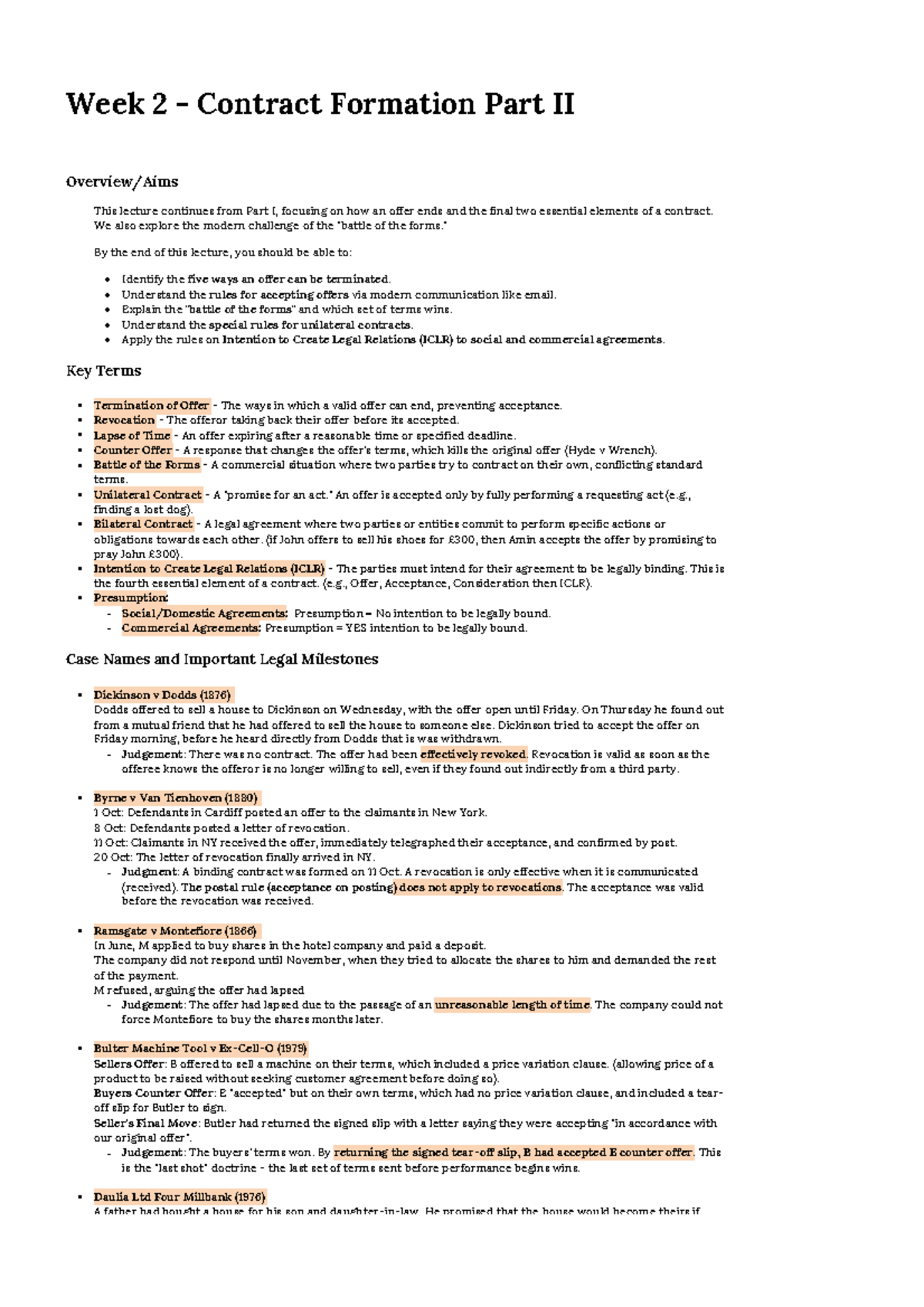 Contract Formation I: Week 2 Lecture on Offer Termination - Studocu