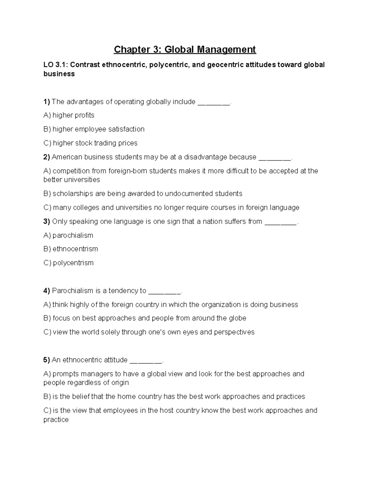 Chapter 3 revision - Chapter 3: Global Management LO 3: Contrast ...