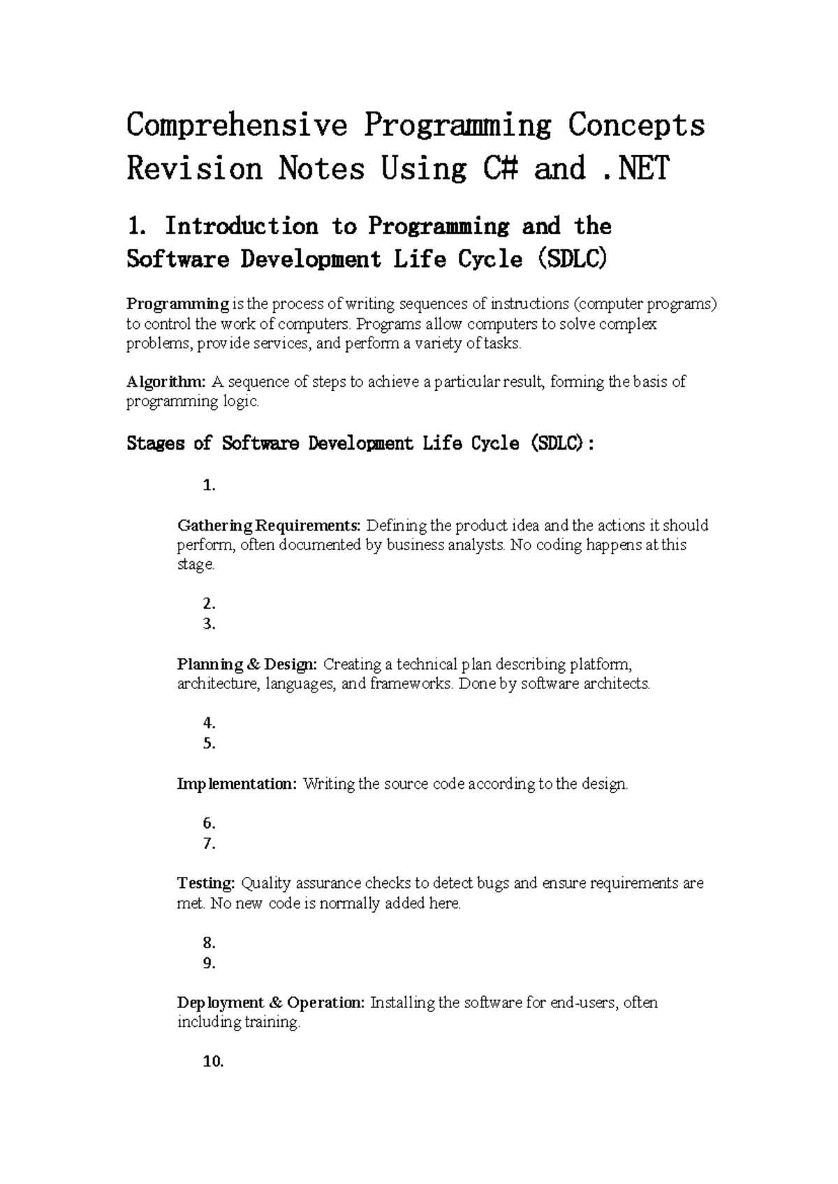 C# Programming Concepts Revision Notes for .NET Course - Studocu