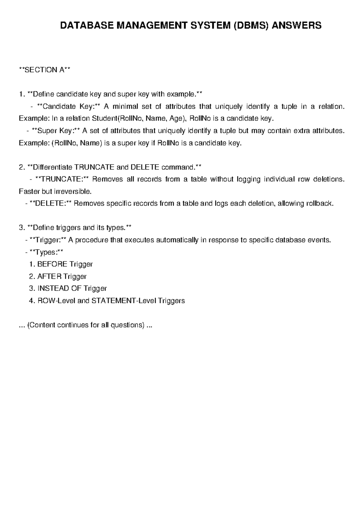 DBMS Answers & Explanations - Updated for Clarity and Understanding ...