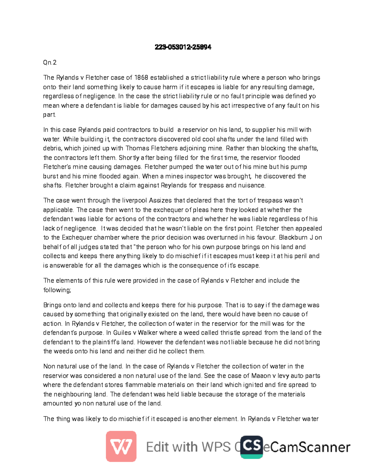Tort Law Case Study: Rylands v Fletcher (223-053012-2589) Analysis ...