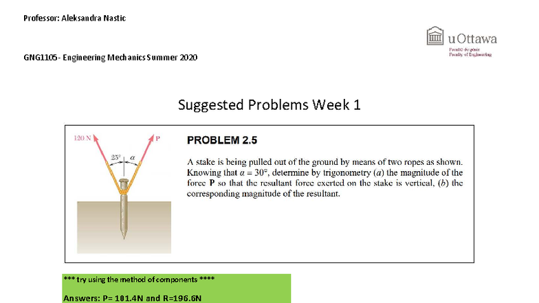 Suggested Problems Week 1 Summer 2020 GNG1105 - Professor: Aleksandra ...