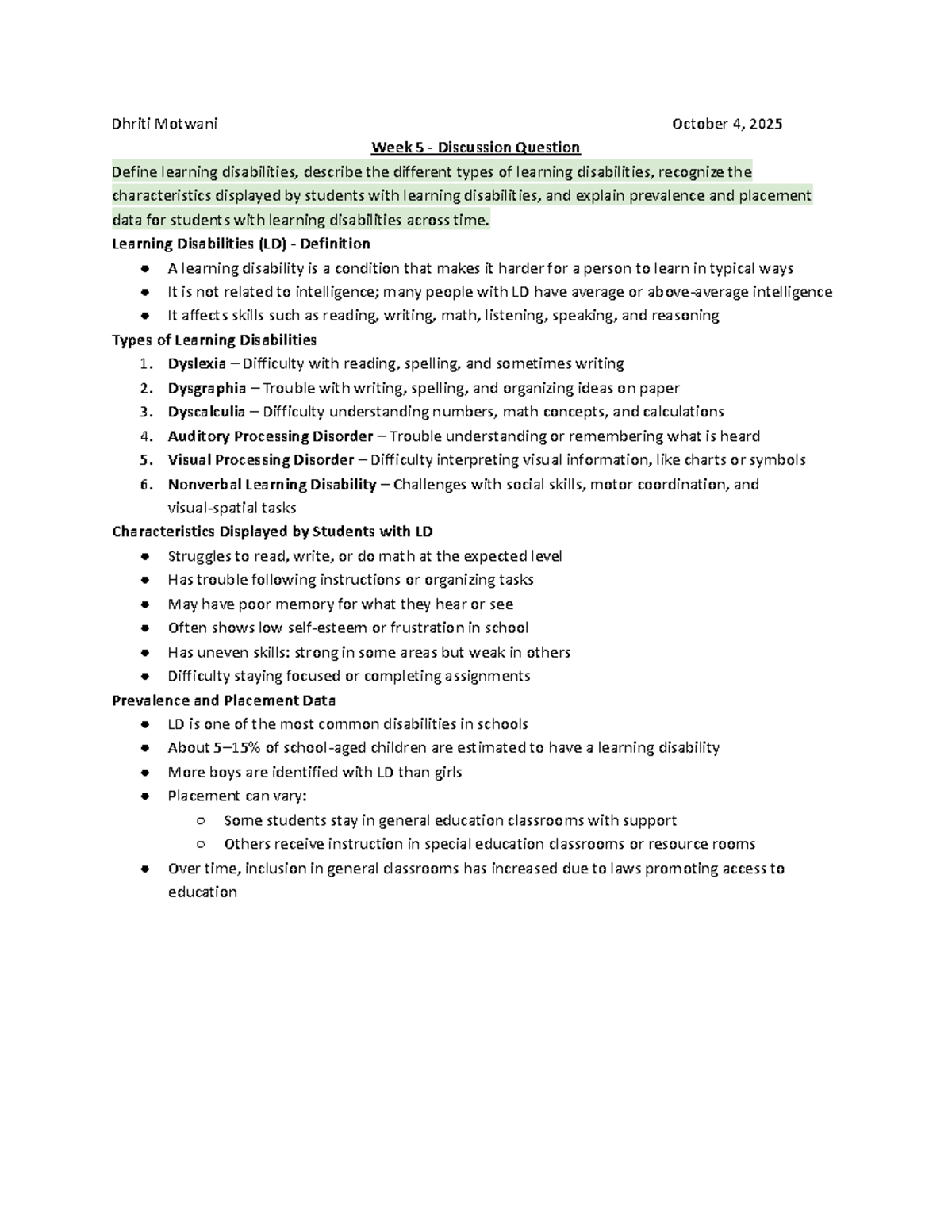 Week 5 Discussion Q: Understanding Learning Disabilities (LD) - Studocu