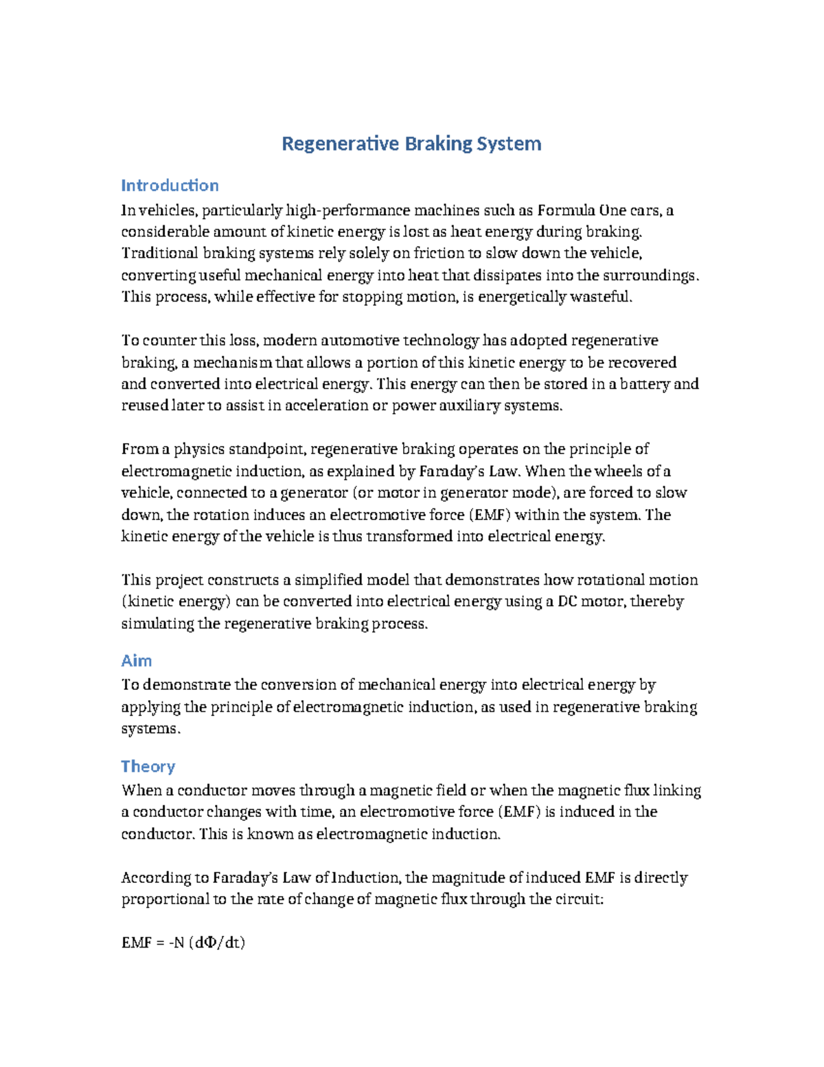 Regenerative Braking System Project: Energy Recovery in Vehicles - Studocu