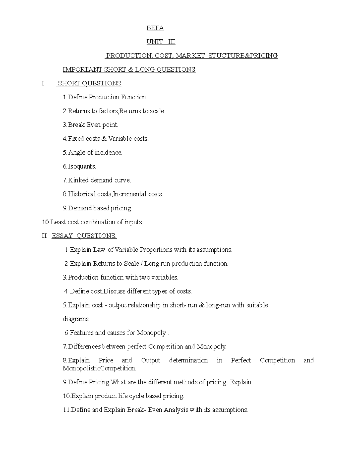 BEFA UNIT III IMP Questions - BEFA UNIT –III PRODUCTION, COST, MARKET ...