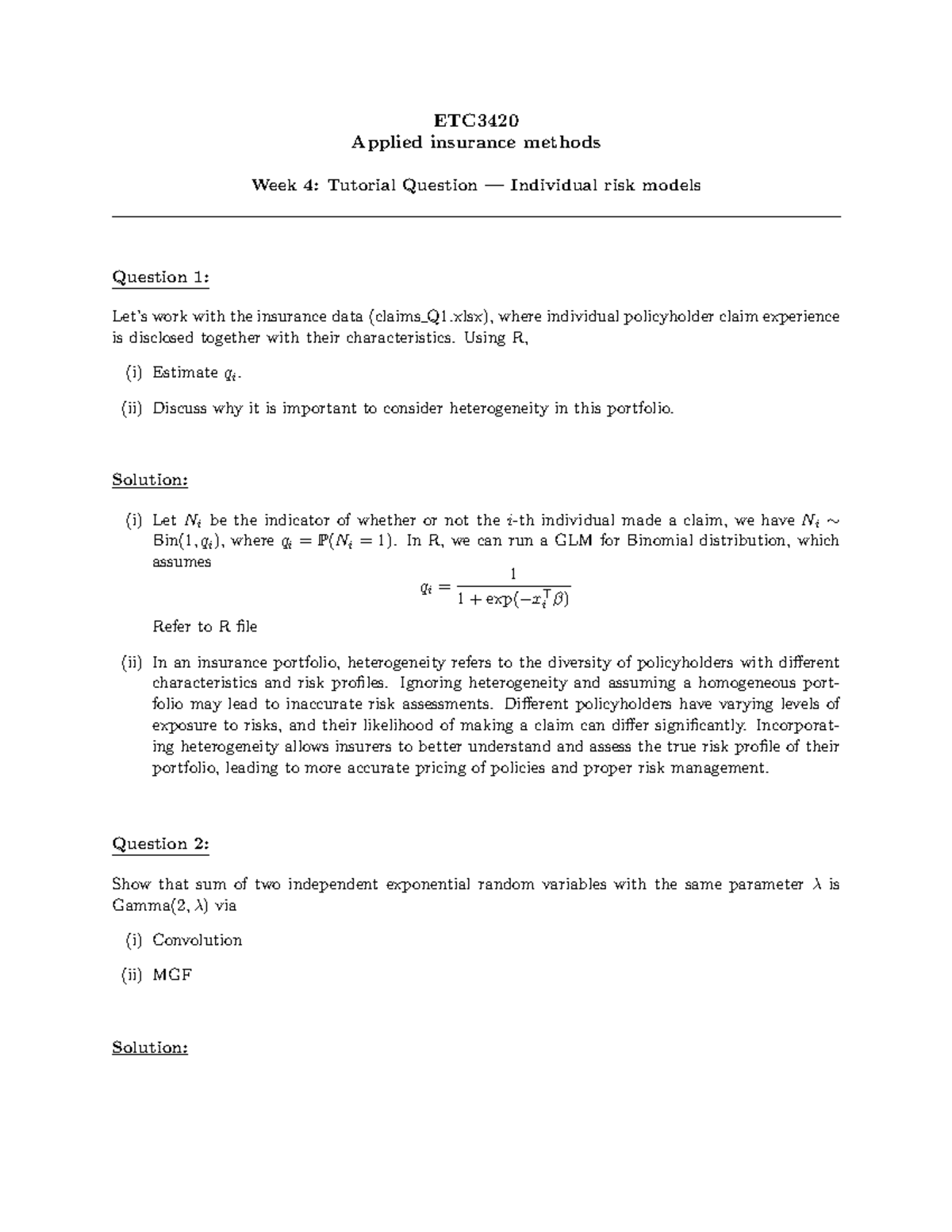 ETC3420 Week 4: Tutorial Questions & Solutions on Risk Models - Studocu