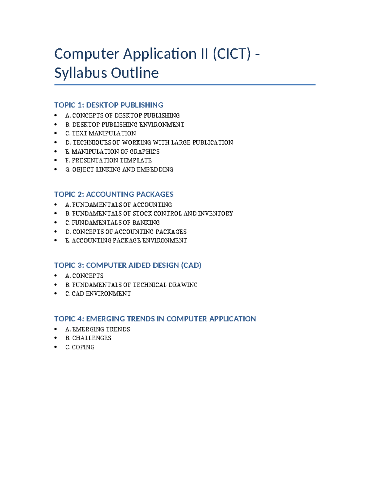 Computer Application II CICT Syllabus Outline - Computer Application II ...