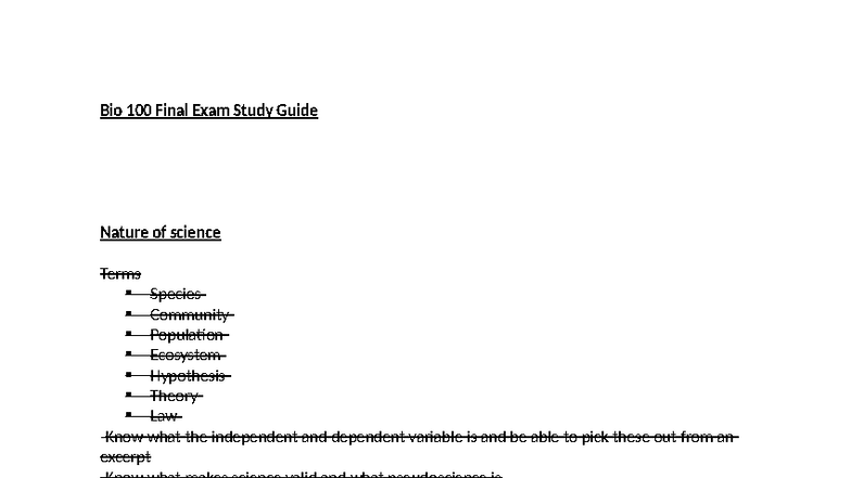 Bio 100 Final Exam Study Guide: Key Concepts in Biology - Studocu