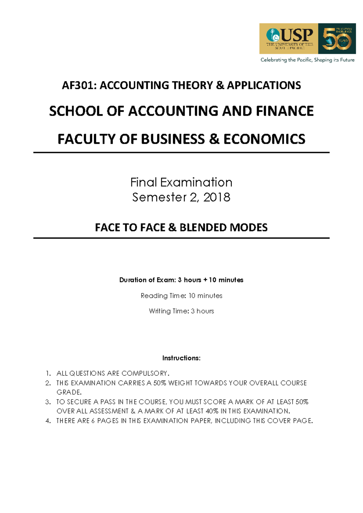 Final Exam Paper for AF301: Accounting Theory & Applications - Studocu