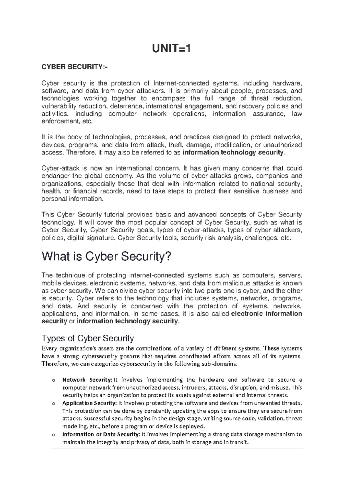Cyber Security UNIT =1 Notes - UNIT= CYBER SECURITY:- Cyber security is ...