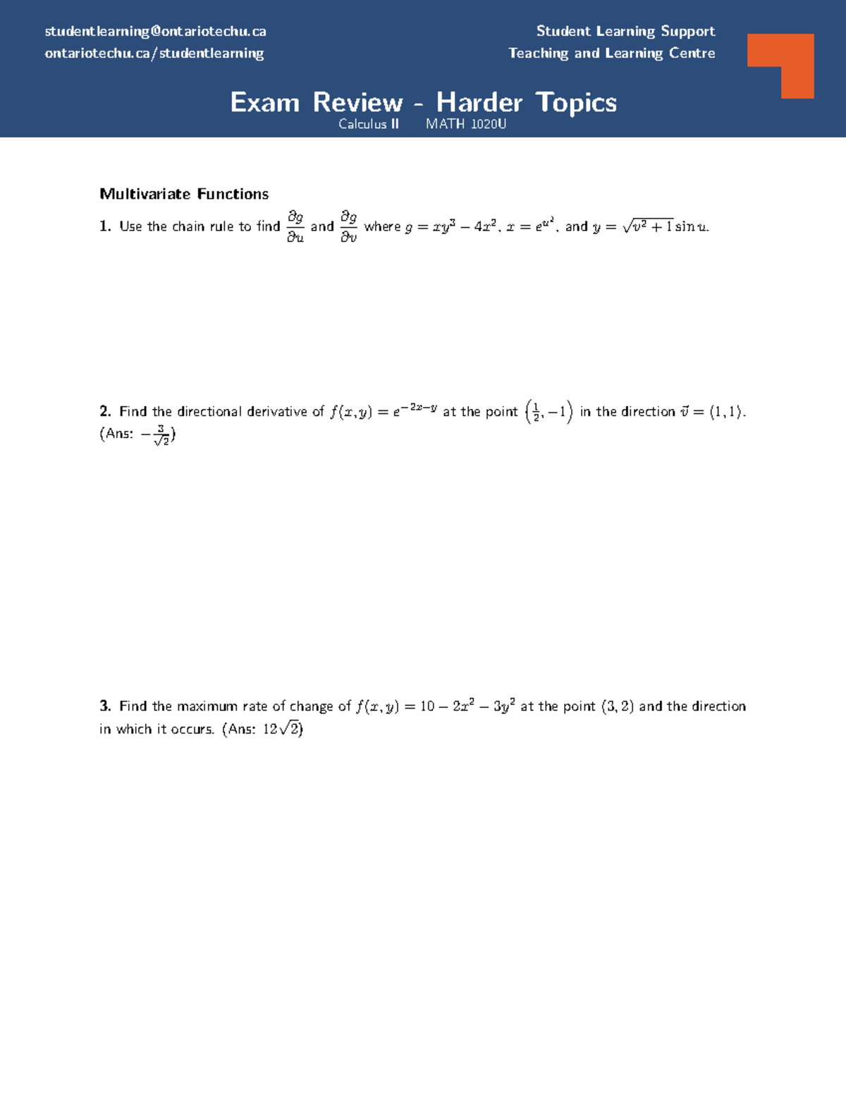 Calculus II MATH 1020U Final Exam Review: Key Topics and Techniques ...