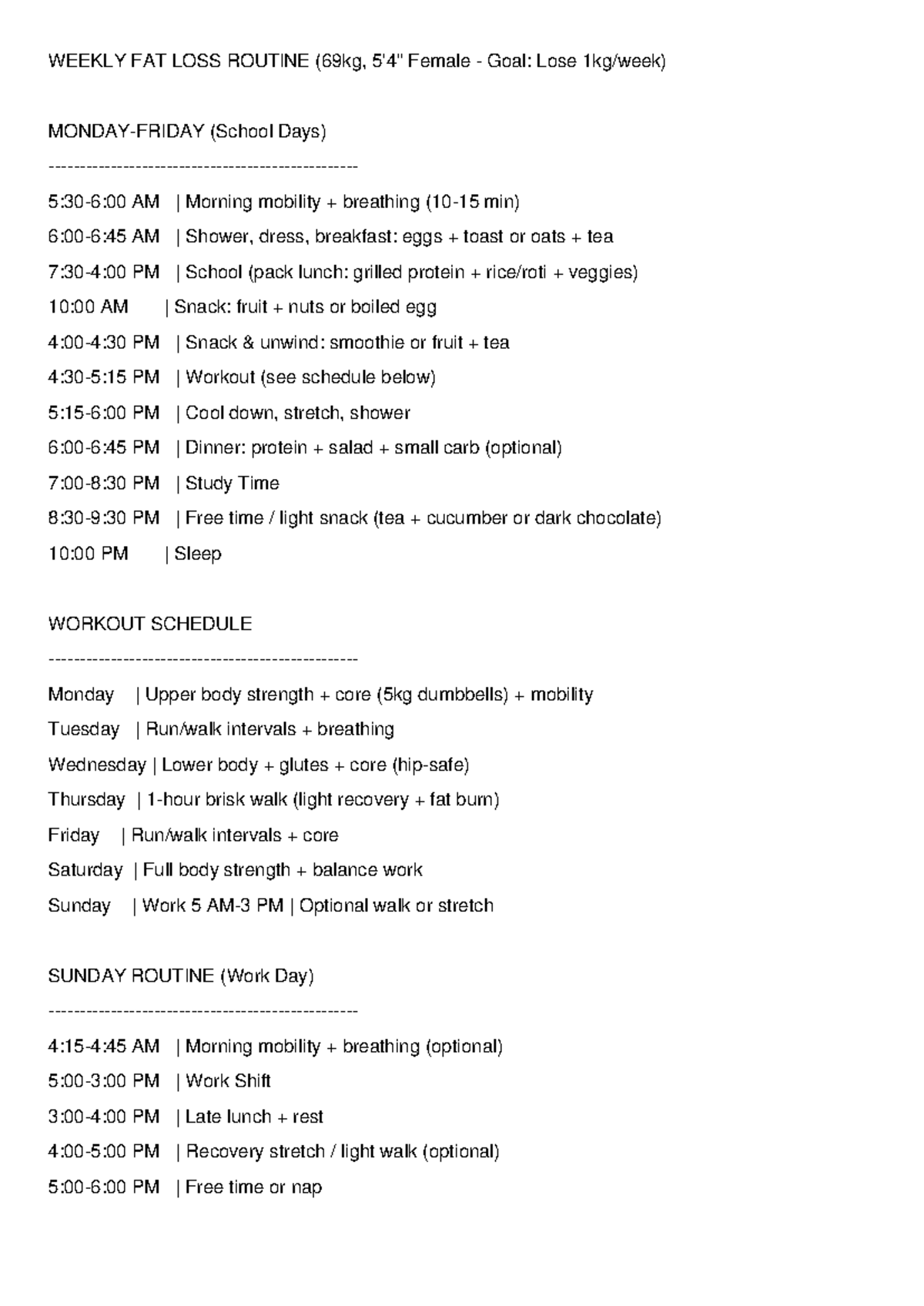 Fat Loss Weekly Routine: School Days & Workout Schedule - Studocu