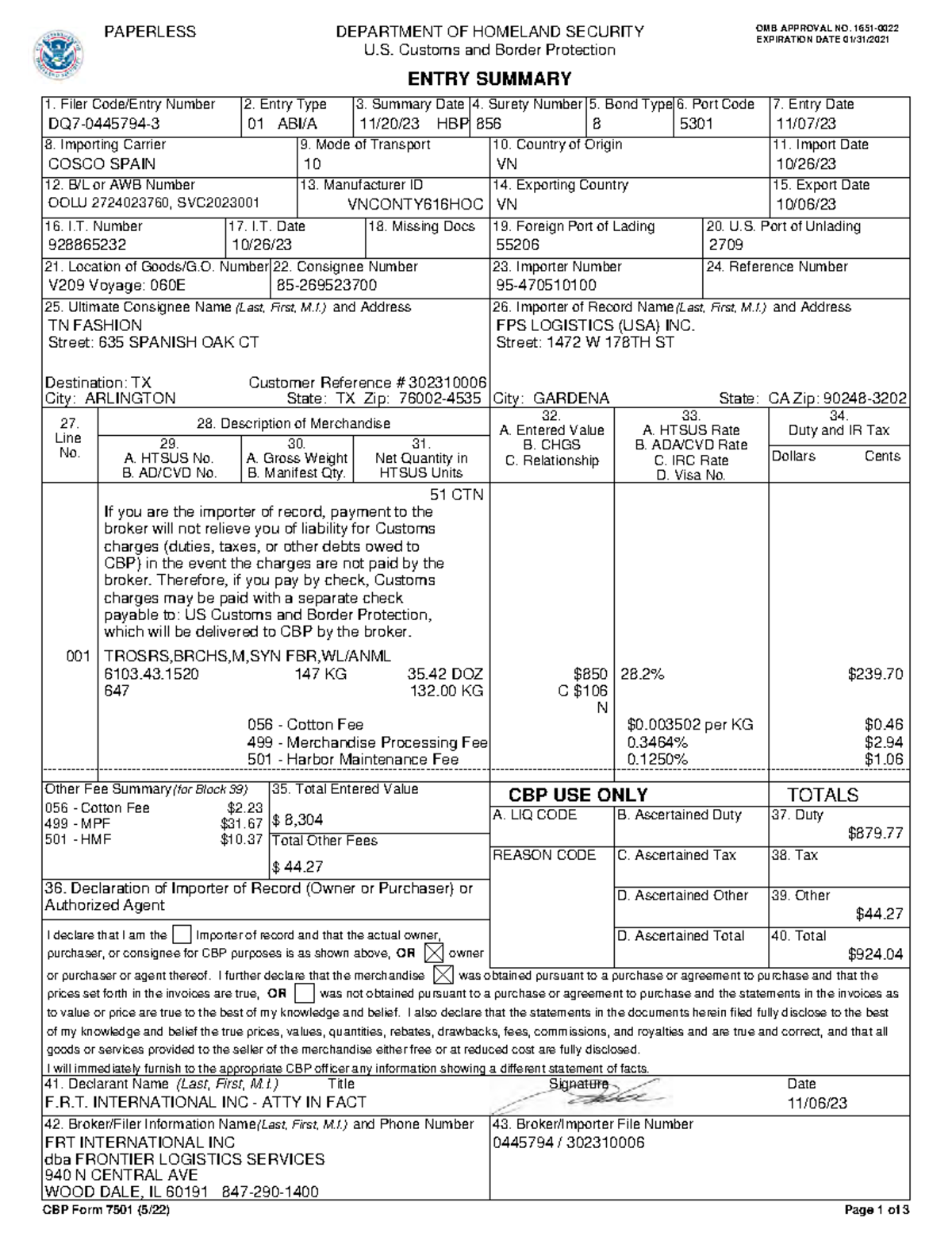 302310006 Customs Entry Summary Documentation - Studocu
