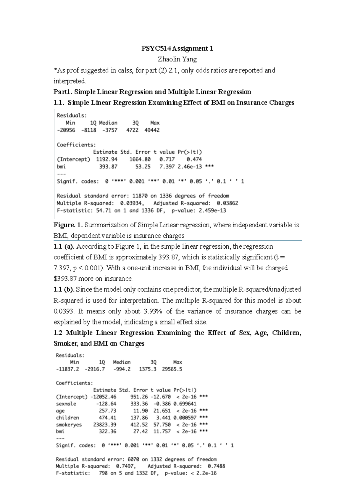 PSYC514 Assignment 1: Regression Analysis on Insurance Charges and ...