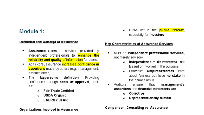 Module 1: Assurance Concepts and Definitions in Auditing - Studocu