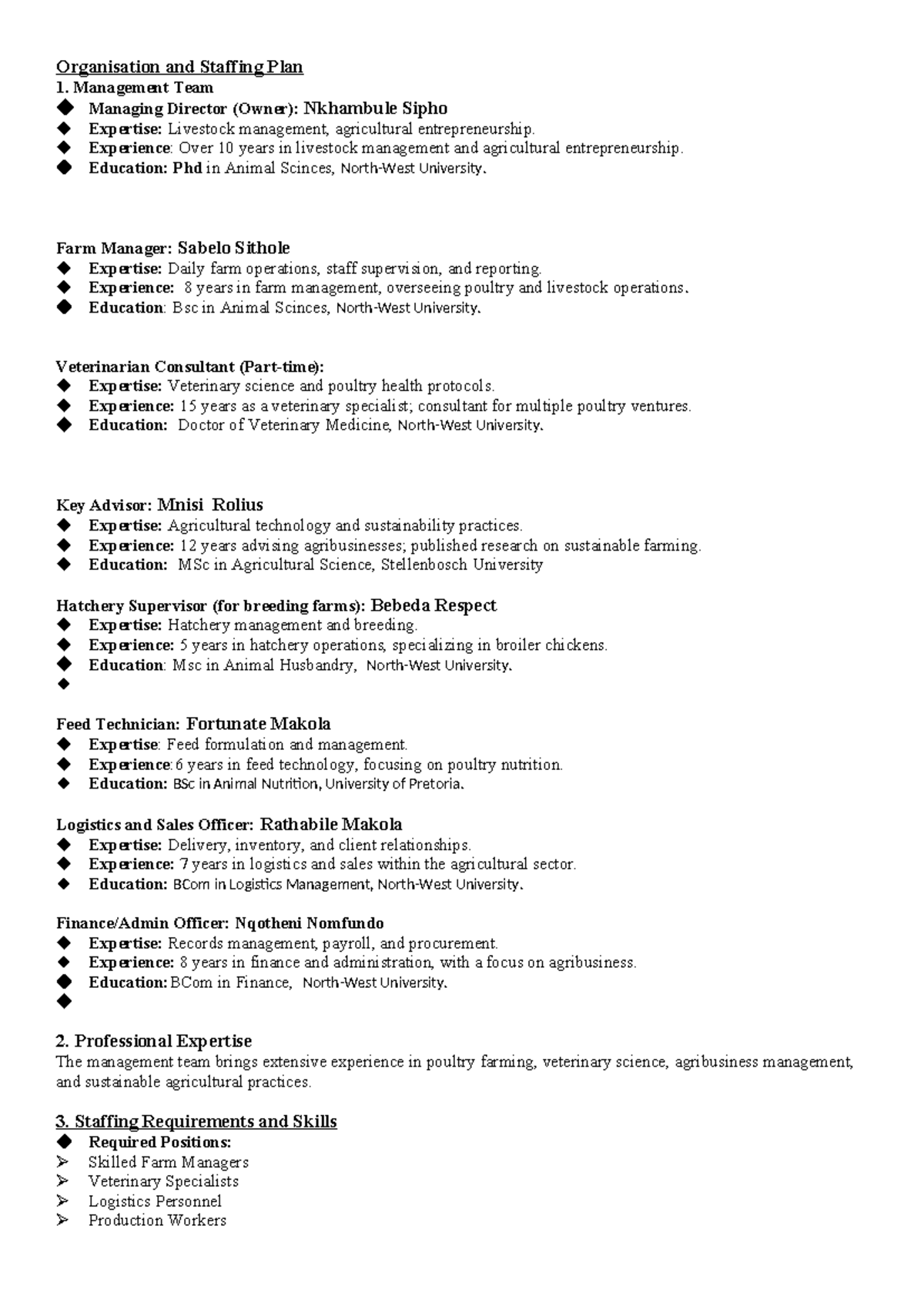 Organisation and Staffing Plan: Management Team Overview - Studocu
