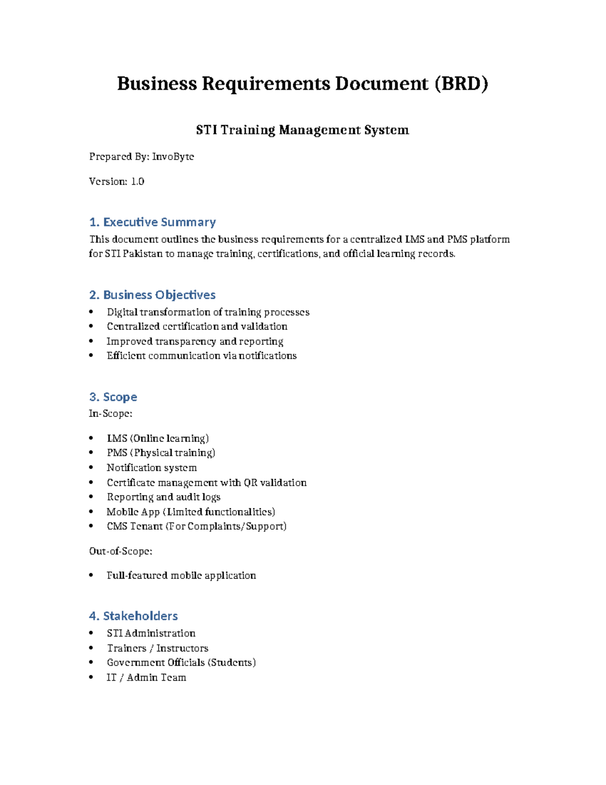 STI Final BRD for Training Management System (LMS & PMS) - Studocu