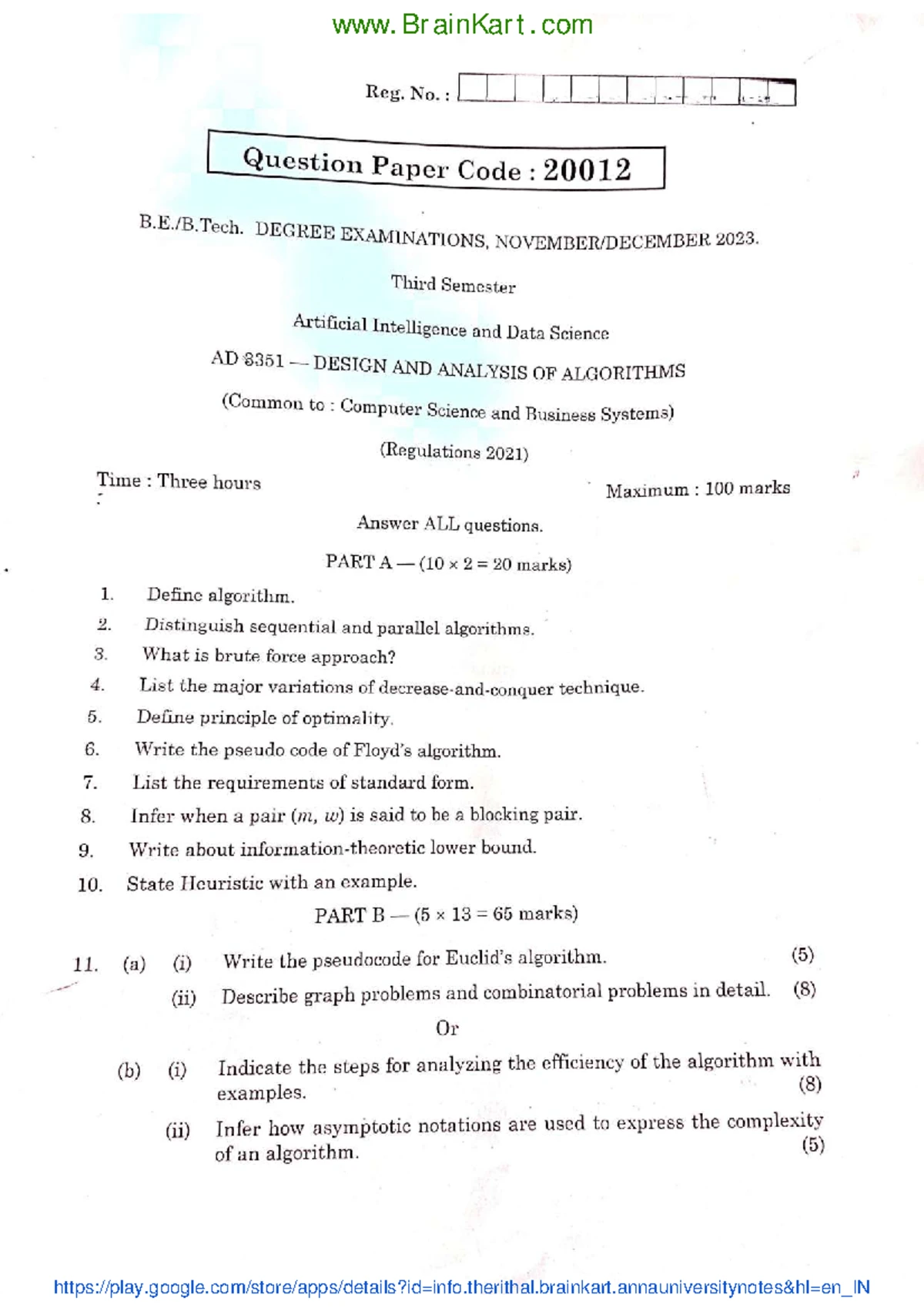 Design and Analysis of Algorithms - AD3351 Question Paper Nov-Dec 2022 ...